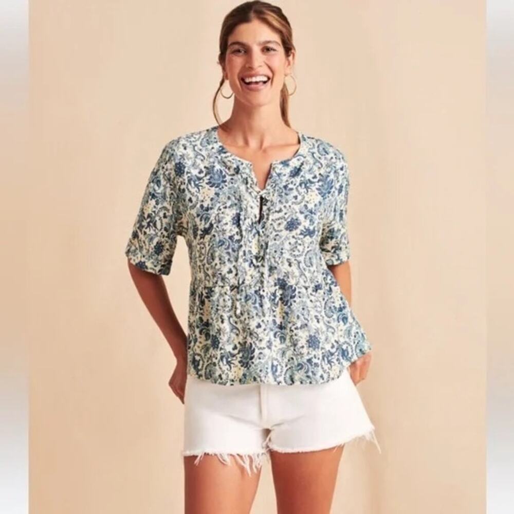 Faherty Blue + Green Salinas Linen Baroque Floral Print Lace Up Blouse XL